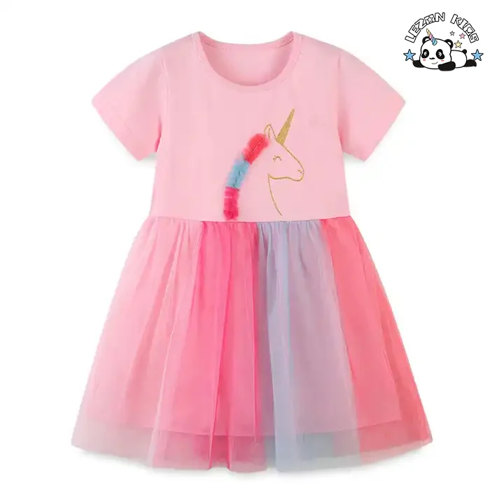 LEZONKIDS - Customizable High Quality OEM Girls Pink Sequin Dress Rainbow Mesh Baby Girls Summer Dress for 2 to 14T Children